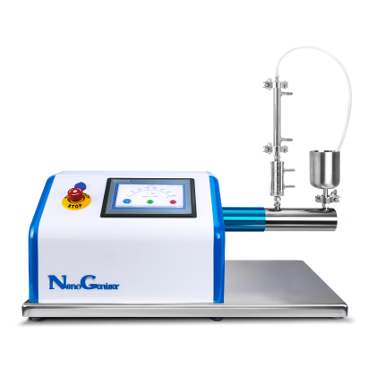 NanoGenizer High-Pressure homogenizer, with a large box-esque base with a power unit in it, and an attached segment holding the core processing unit