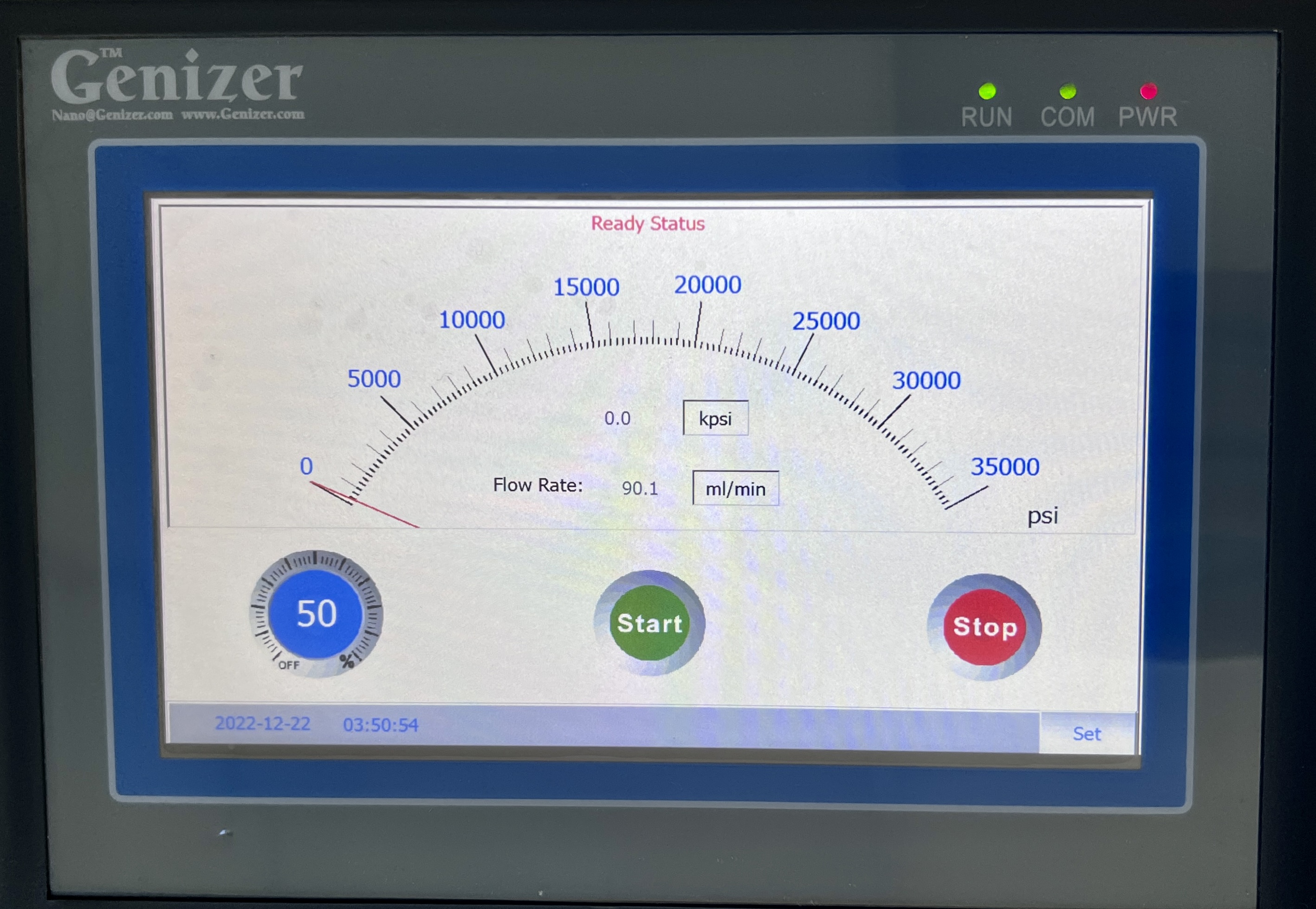 Photo of PLC Touch Screen showing speed and pressure gauge on high pressure homogenizer.